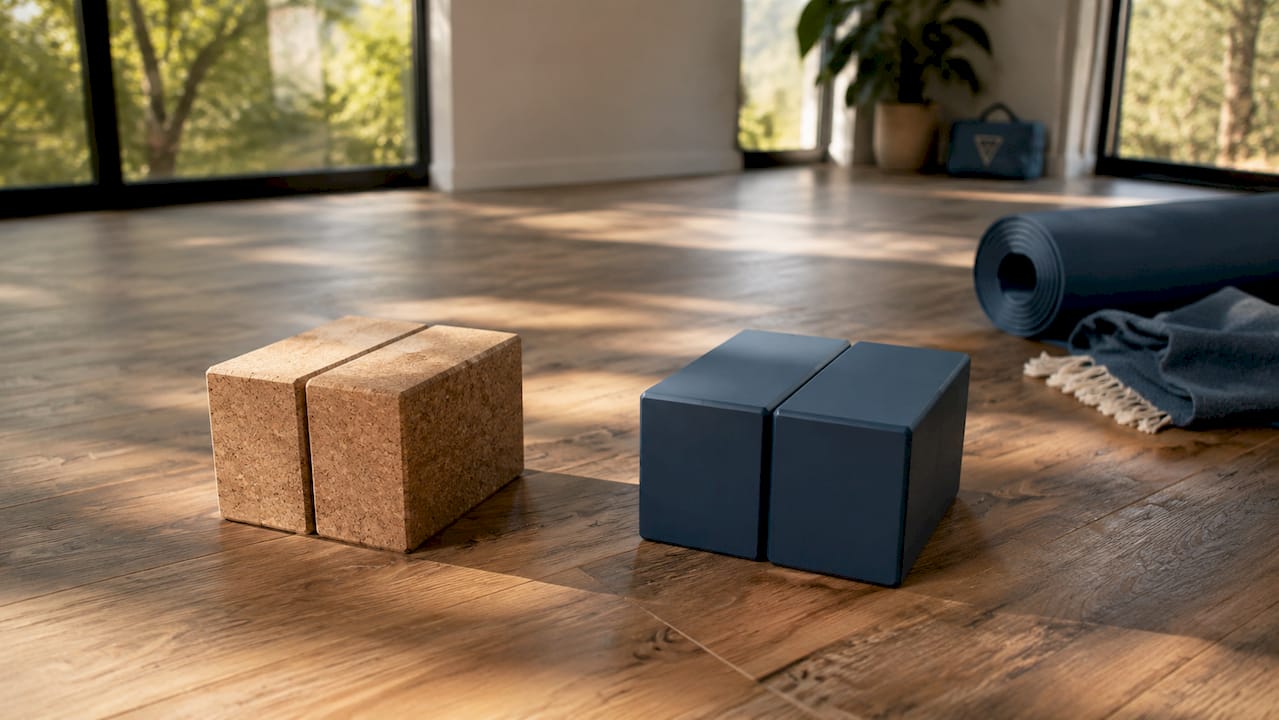 Close-up of cork and foam yoga blocks comparison