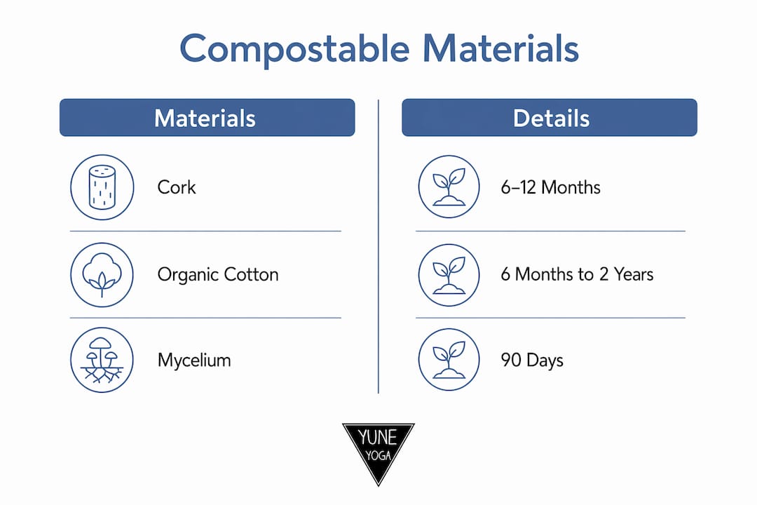 Infographic comparing compostable yoga material types and decomposition times