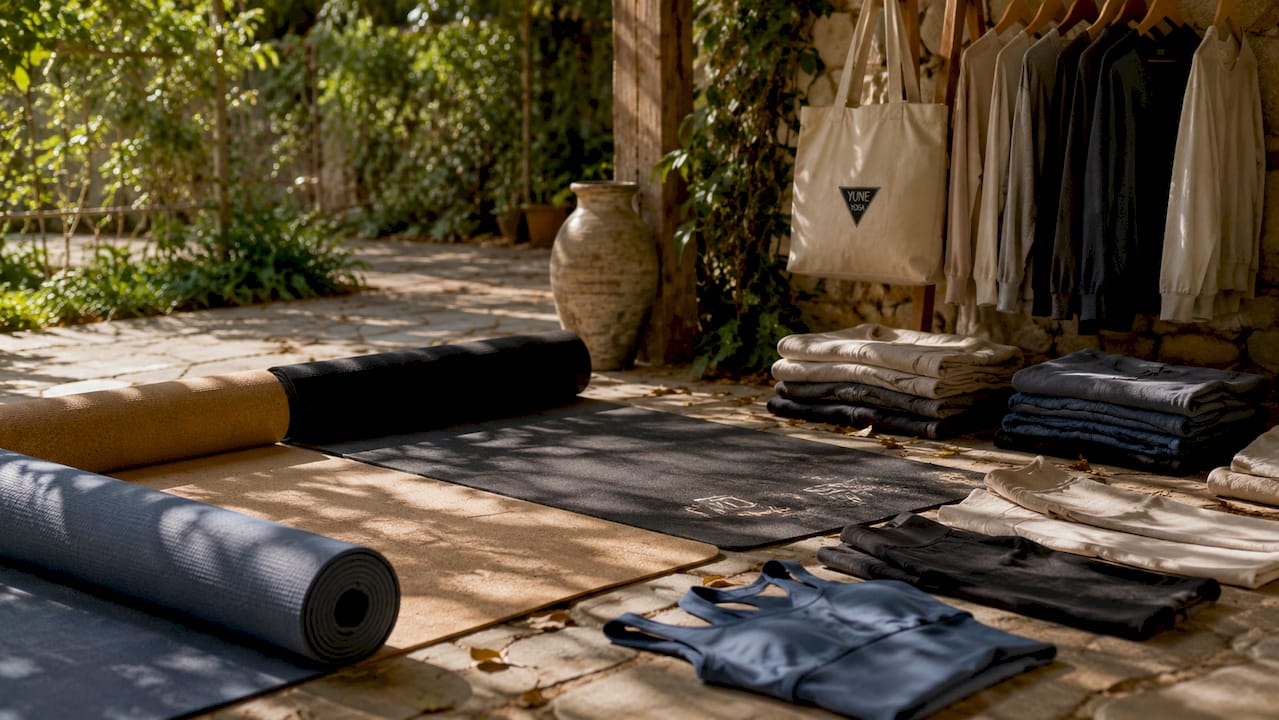 Sustainable yoga mats and organic clothing display