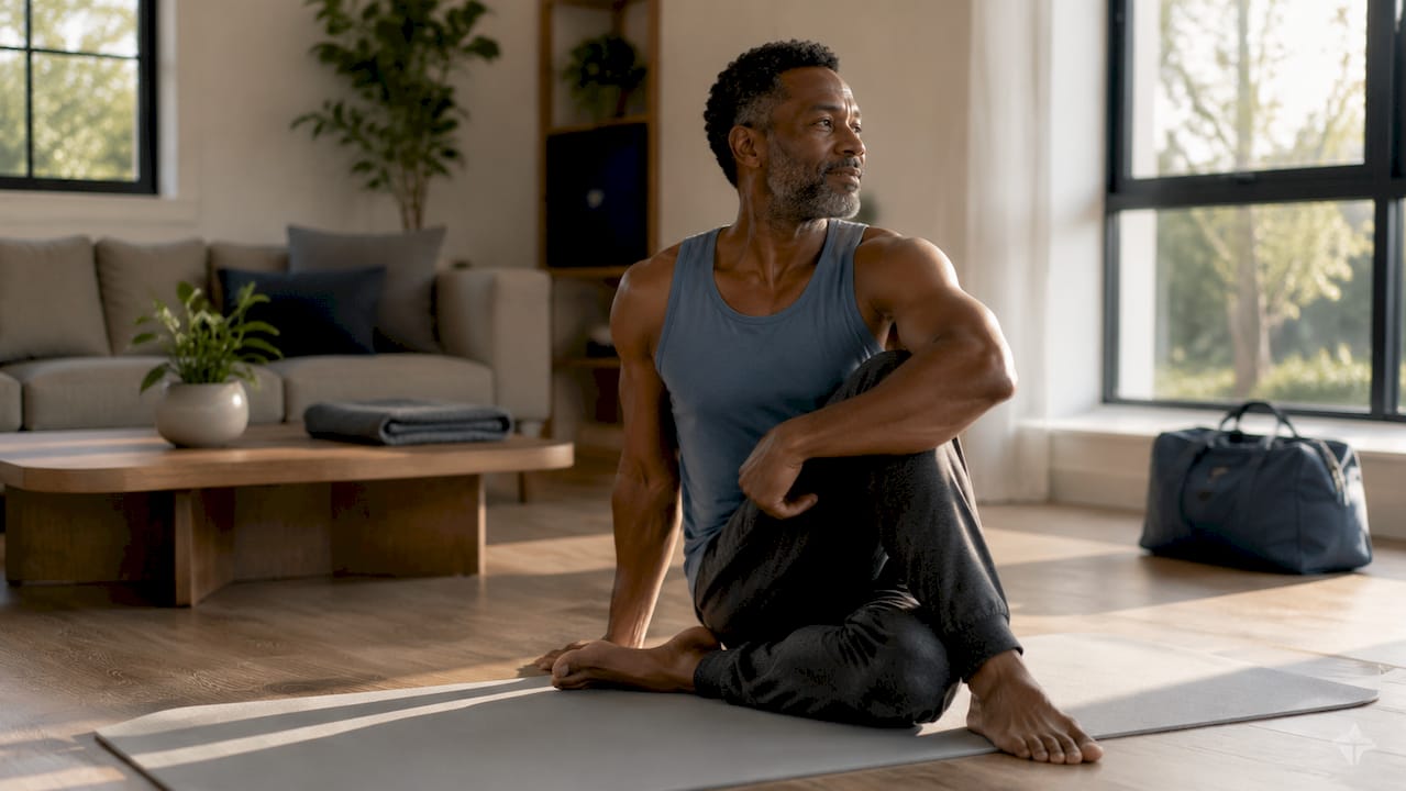 Man performing seated twist yoga in small bedroom