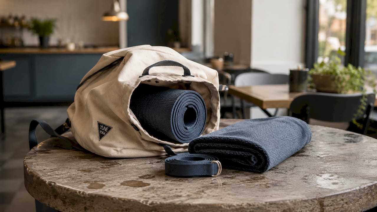 Folded travel yoga mat packed in backpack