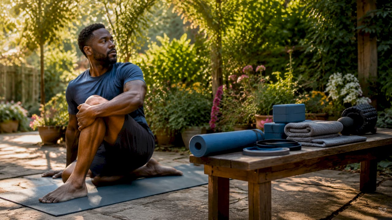 Man stretching near organized yoga bundles