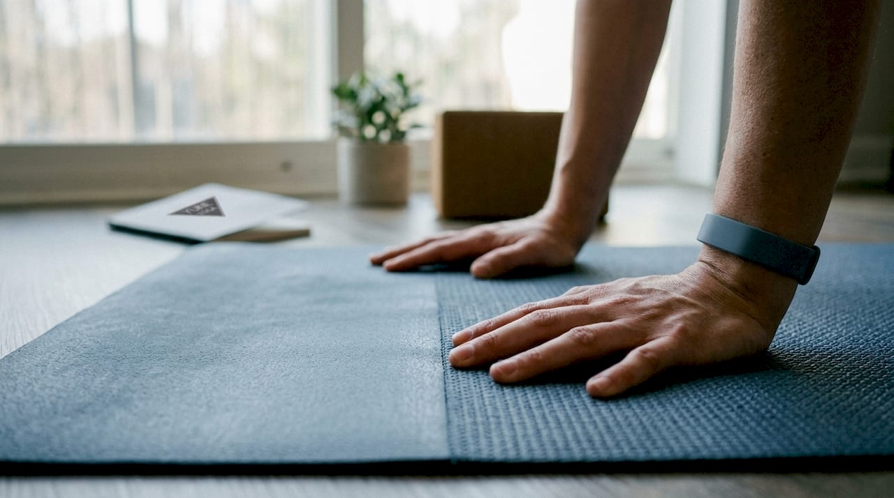 Close-up of hand pressing textured cross-training mat