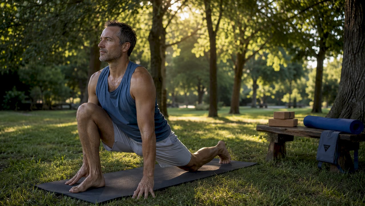 Side view of man holding low lunge yoga pose outdoors