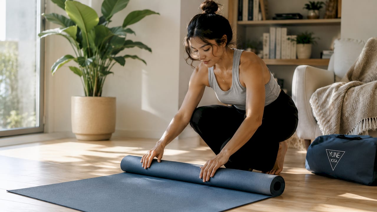 Man unrolling yoga mat in home gym space