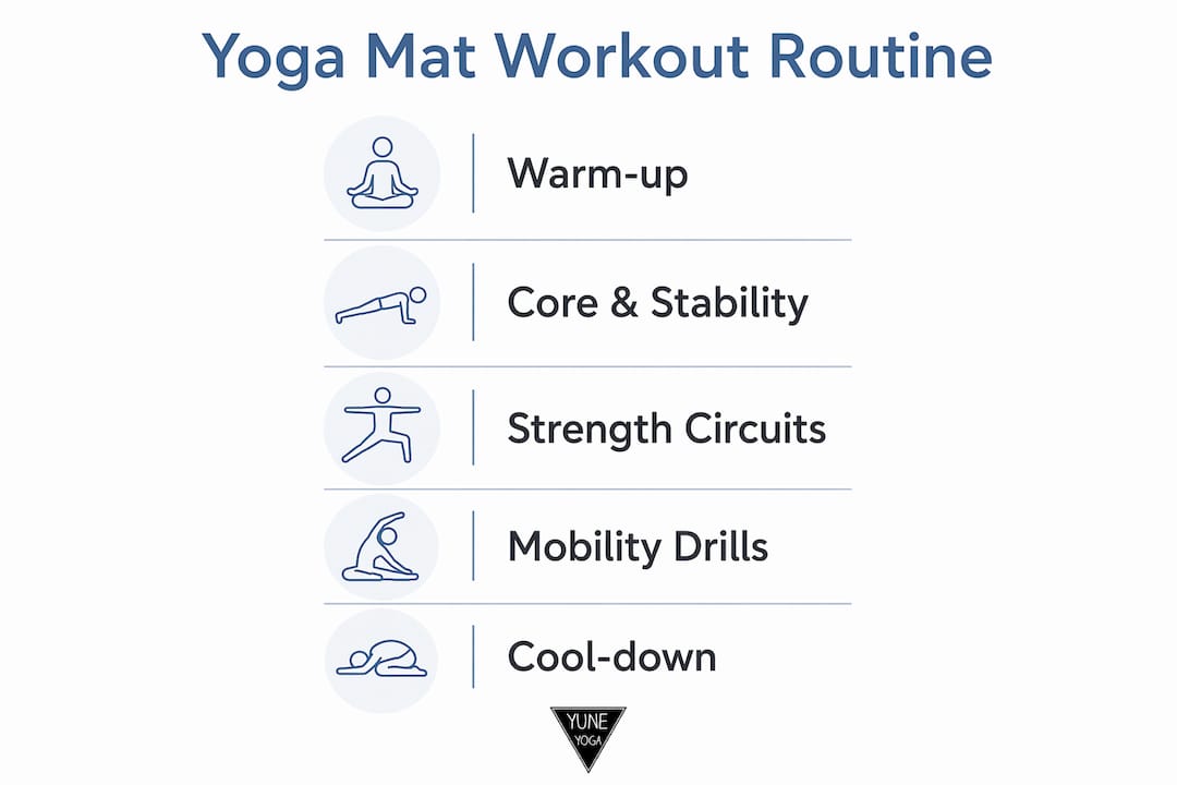 Infographic showing yoga mat workout routine steps