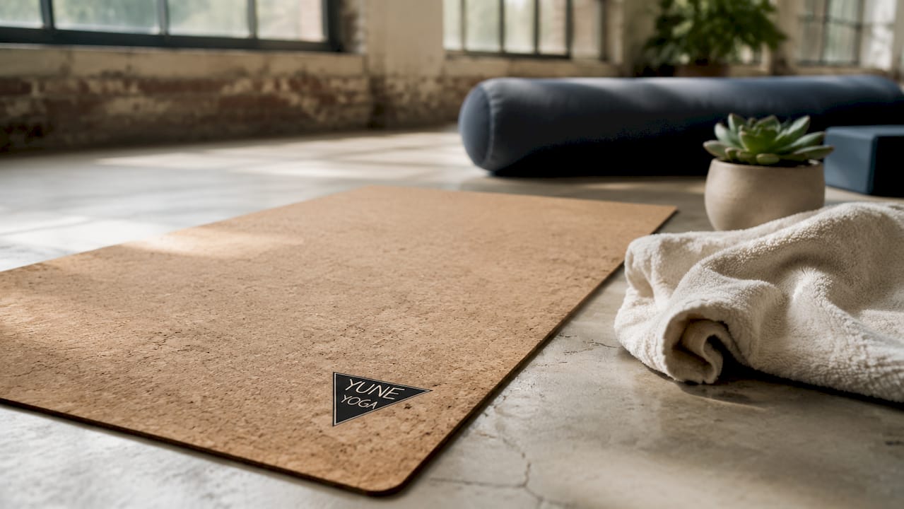 Close-up of natural cork yoga mat texture on floor