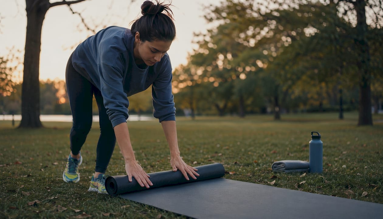 Hands laying down TPE yoga mat on wooden deck