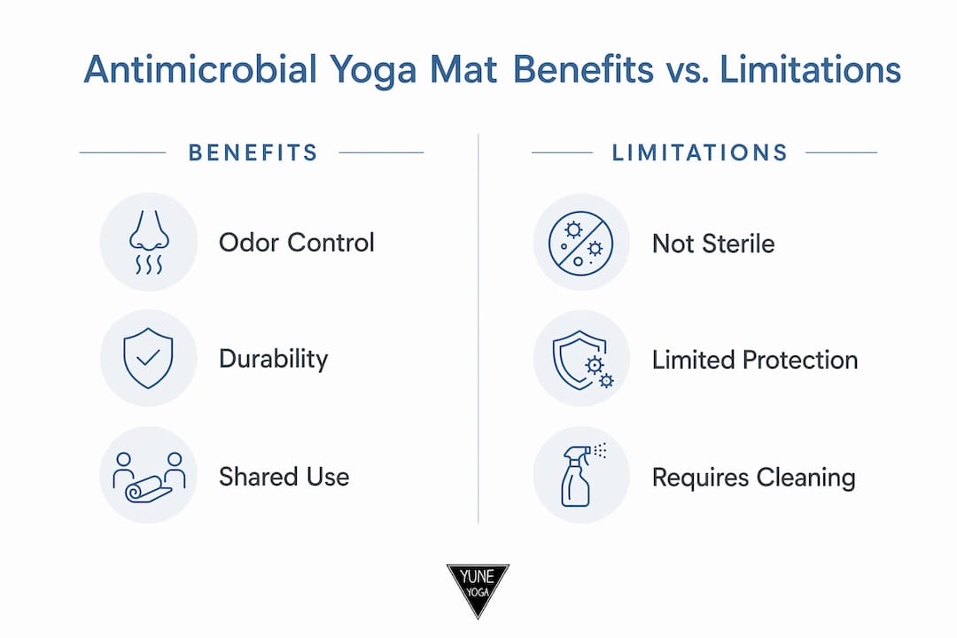 Infographic comparing benefits and limitations of antimicrobial yoga mats