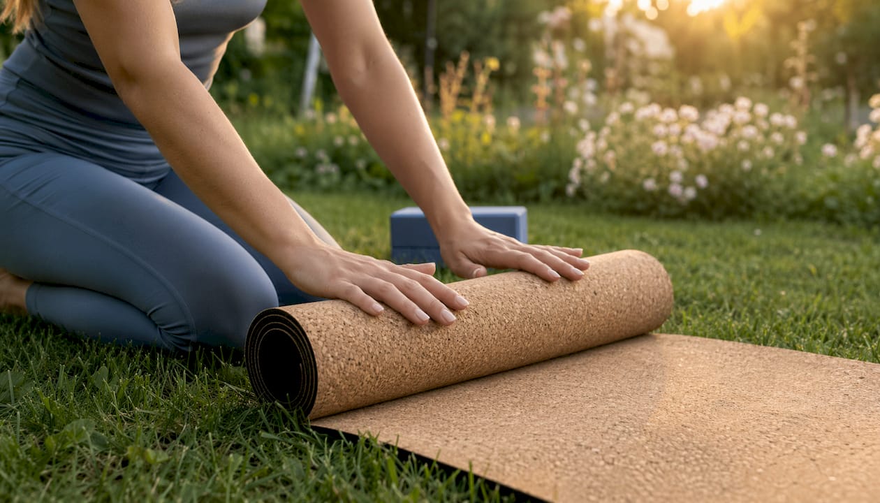 Hand unrolling cork yoga mat up close
