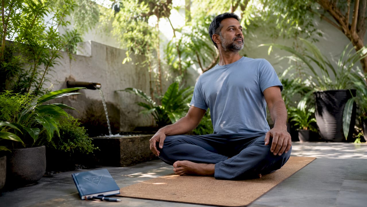 Man doing short daily yoga practice at home