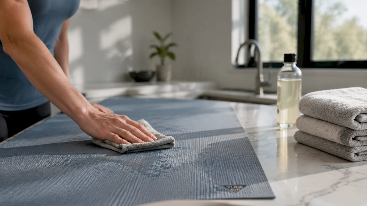 Hand cleaning yoga mat residue with cloth