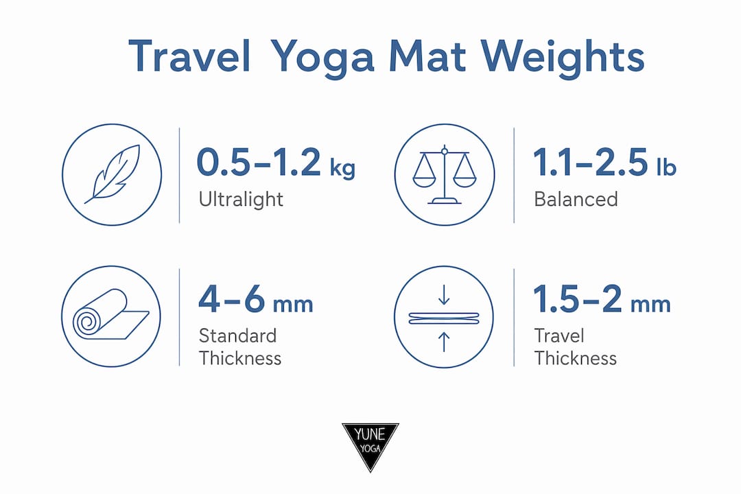 Infographic showing travel yoga mat weight categories and thickness