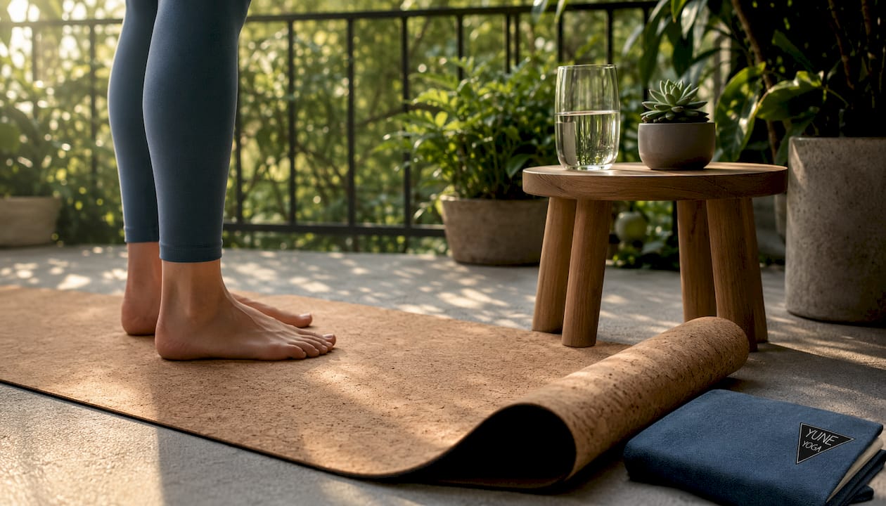 Close-up of cork yoga mat and feet in home