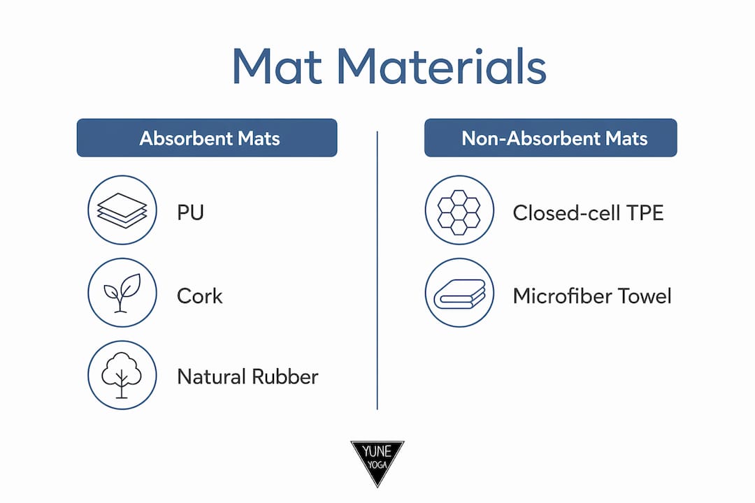 Infographic comparing absorbent vs non-absorbent yoga mats