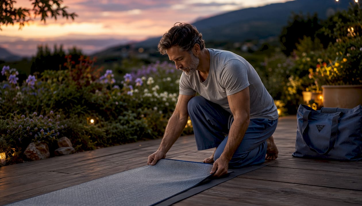 Man fitting antimicrobial yoga towel over mat