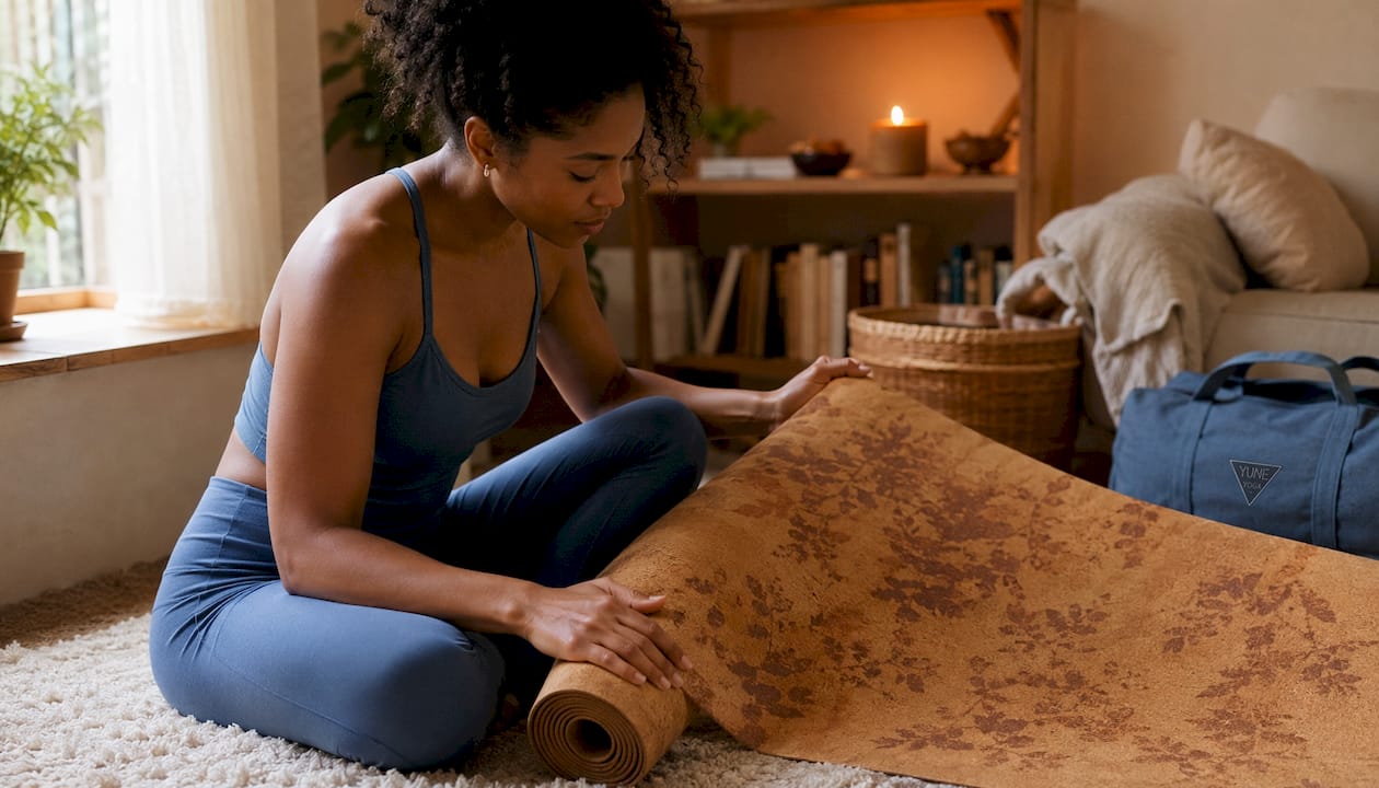 Woman examining natural dye yoga mat indoors