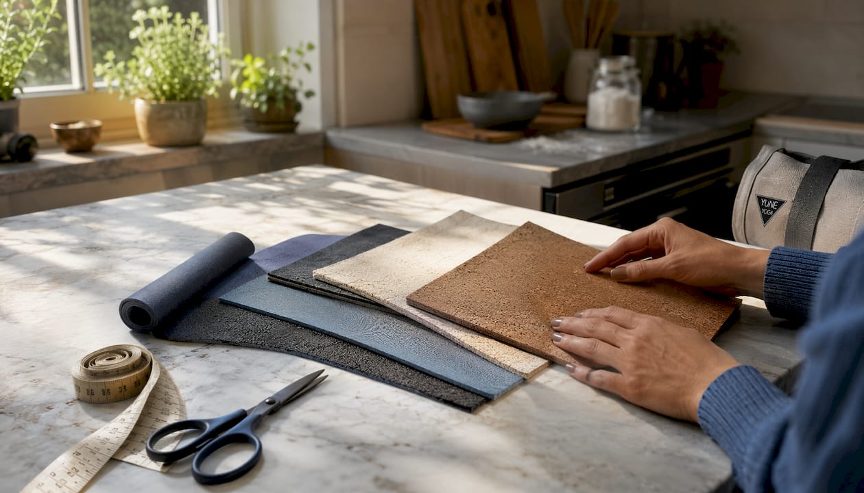 Close-up of yoga mat material swatches and hands