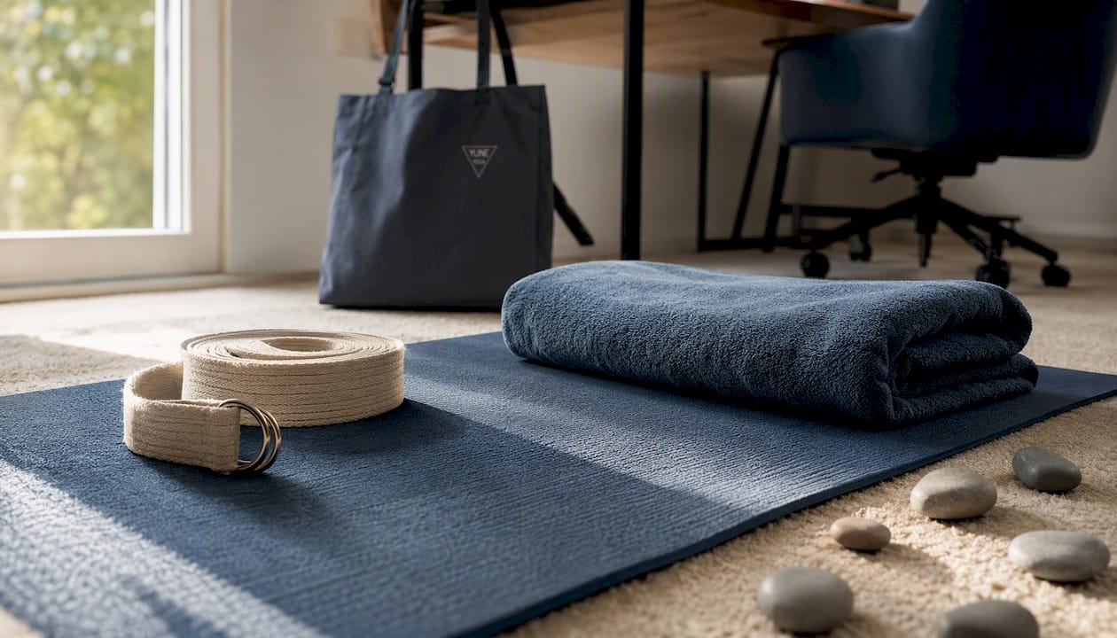 Close-up of eco-friendly yoga mat, towel, and strap