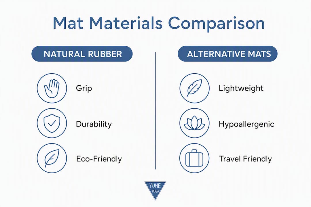 Infographic comparing natural rubber and alternative yoga mat materials