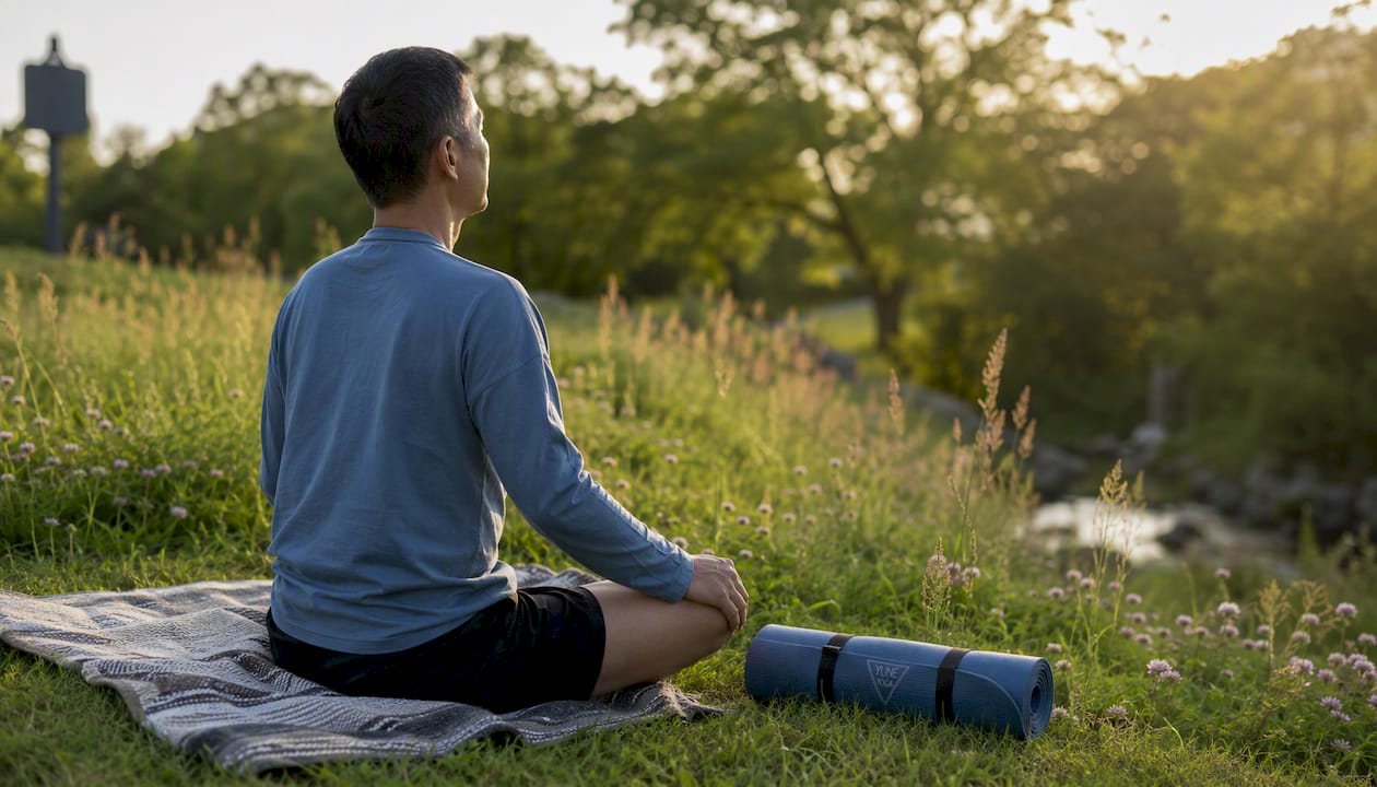Man practicing mindful breathing outdoors