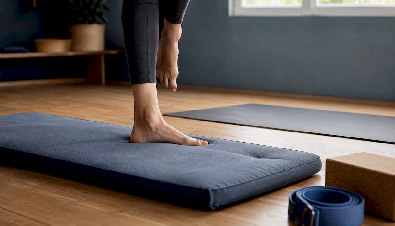 Feet balancing on firm versus cushioned yoga pad