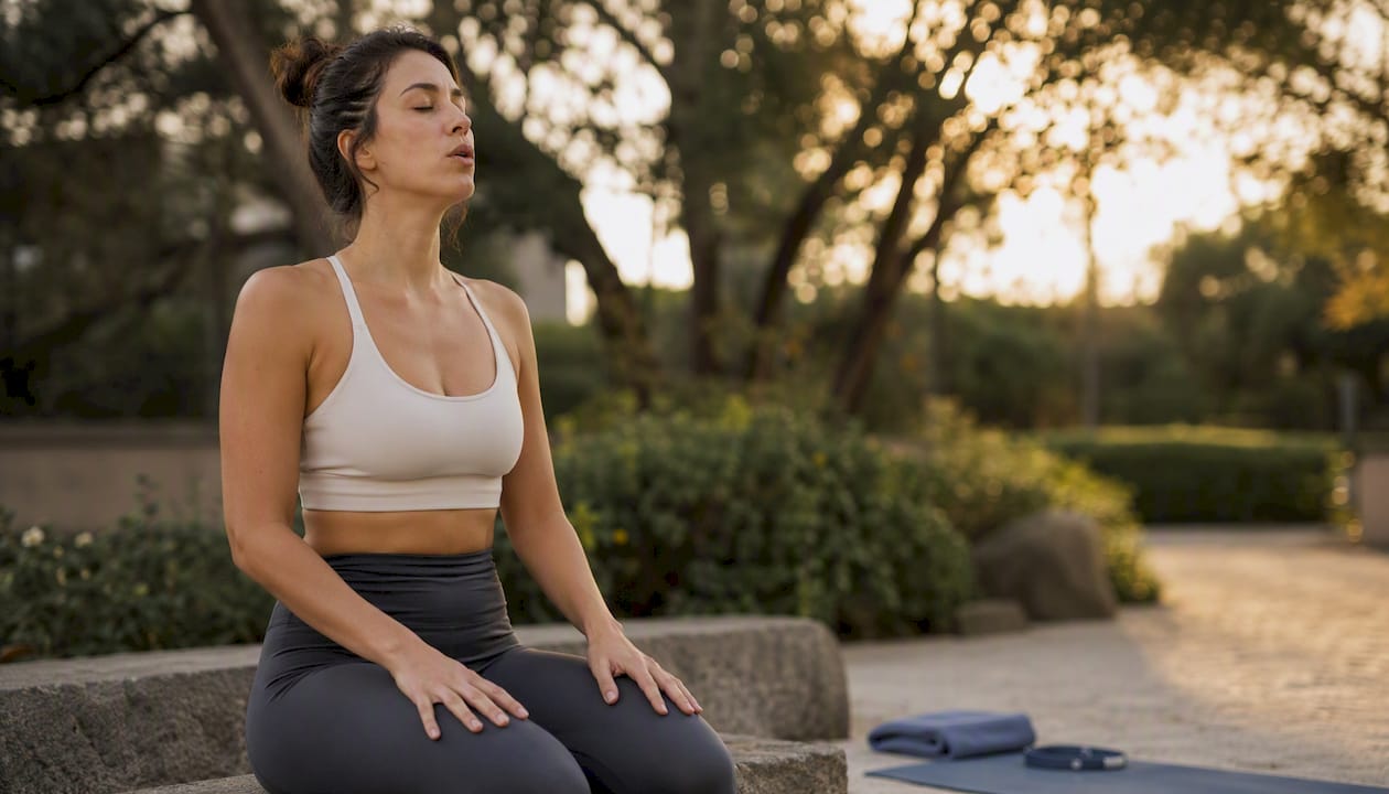 Person performing extended exhale breath seated