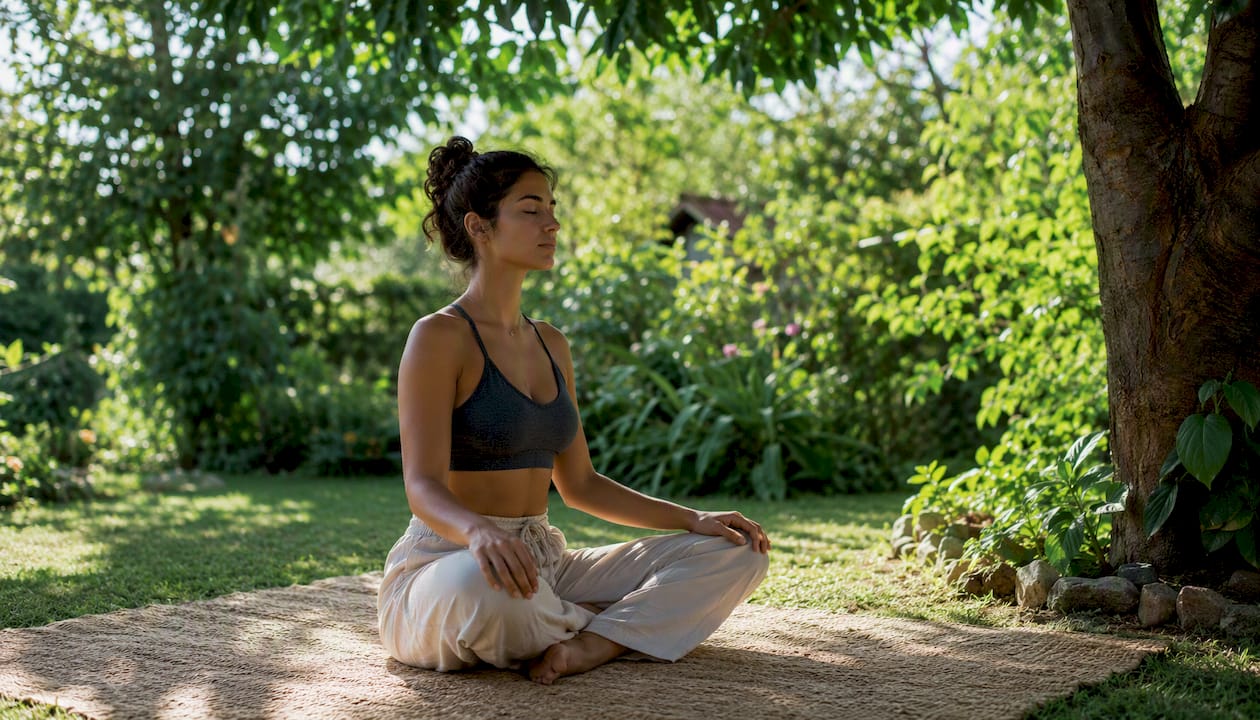 Woman practicing yoga breathing exercise
