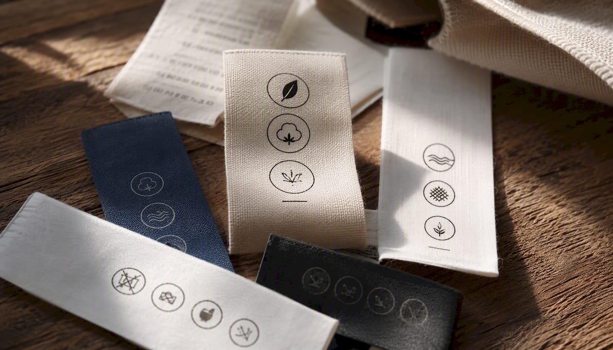 Certification label close-up on yoga accessories