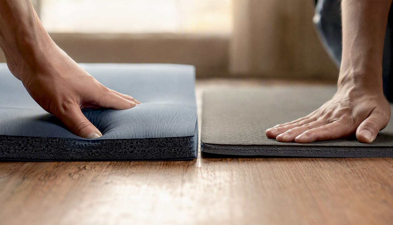 Close-up comparing soft and firm yoga mat sections