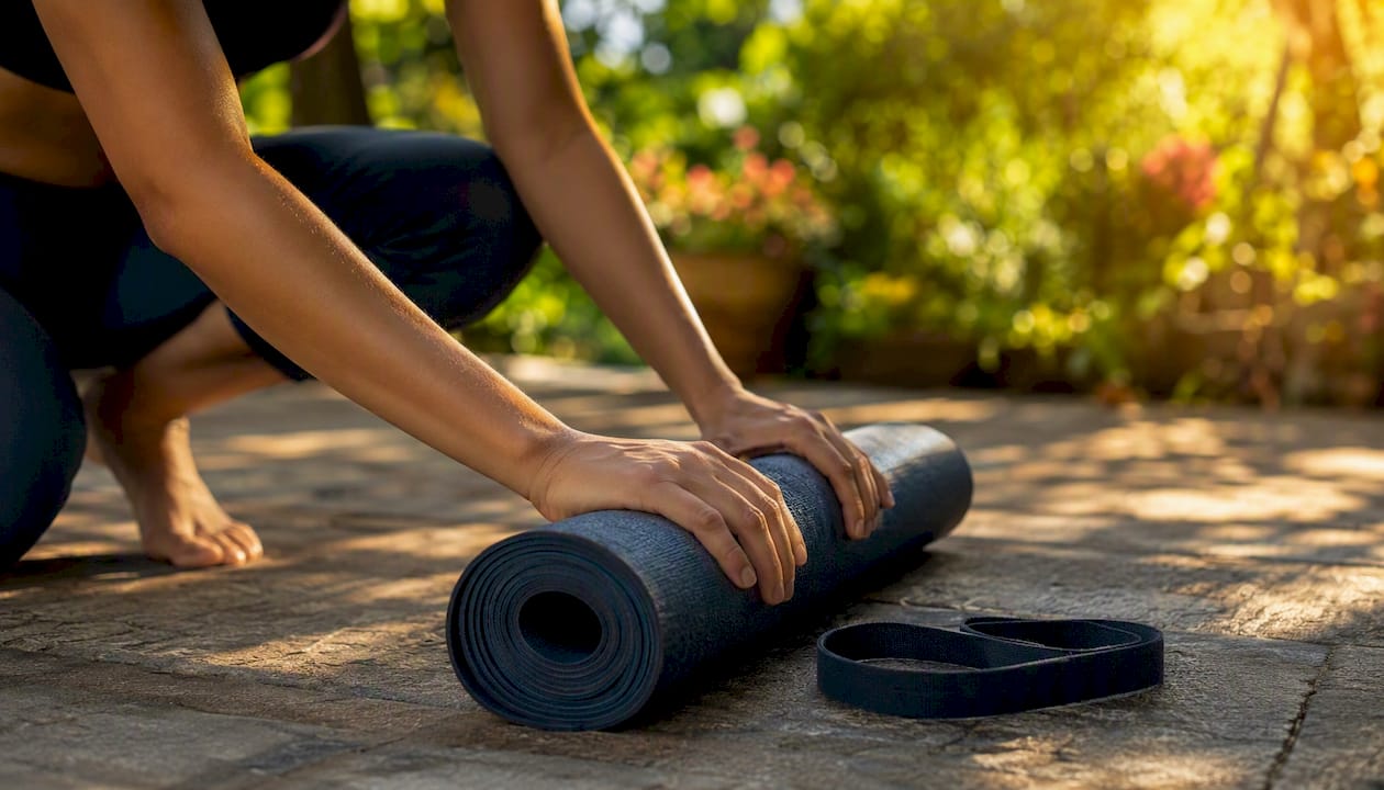 Hands rolling yoga mat and fastening band