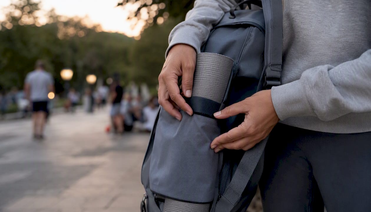 Hand tucking yoga mat strap end into backpack side pocket
