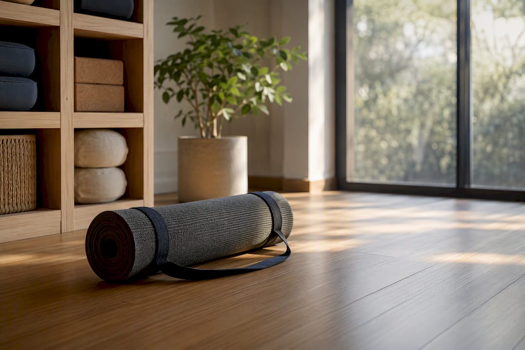 Rolled yoga mat with strap beside gym bags in soft light