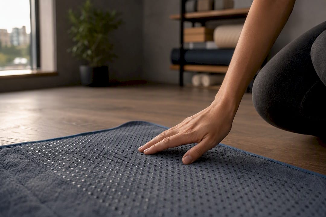 Silicone grip dots on yoga towel close-up