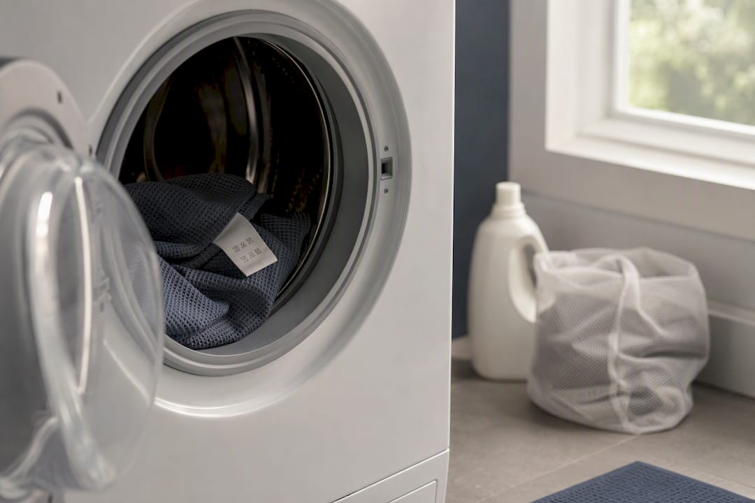 Yoga towel inside washing machine on gentle cycle