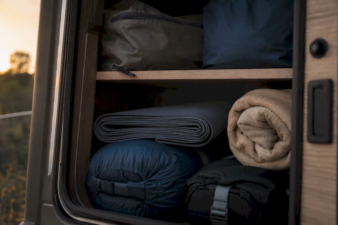 Folded yoga mat fitting flat in van storage