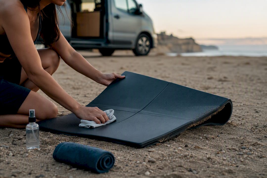 Hands cleaning foldable yoga mat near camper