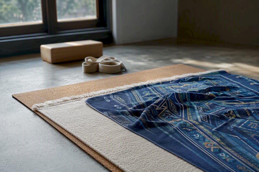 Layered yoga rug, mat and towel for grip and cushion