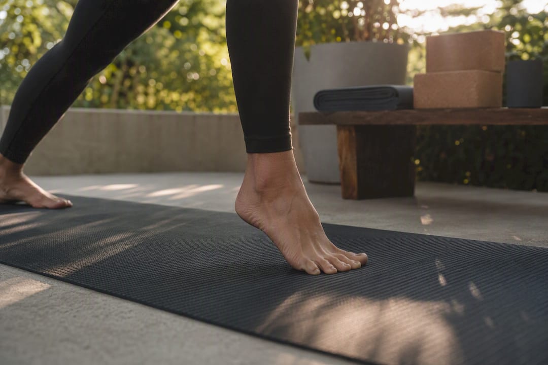 Foot pressing on textured yoga mat for grip and support