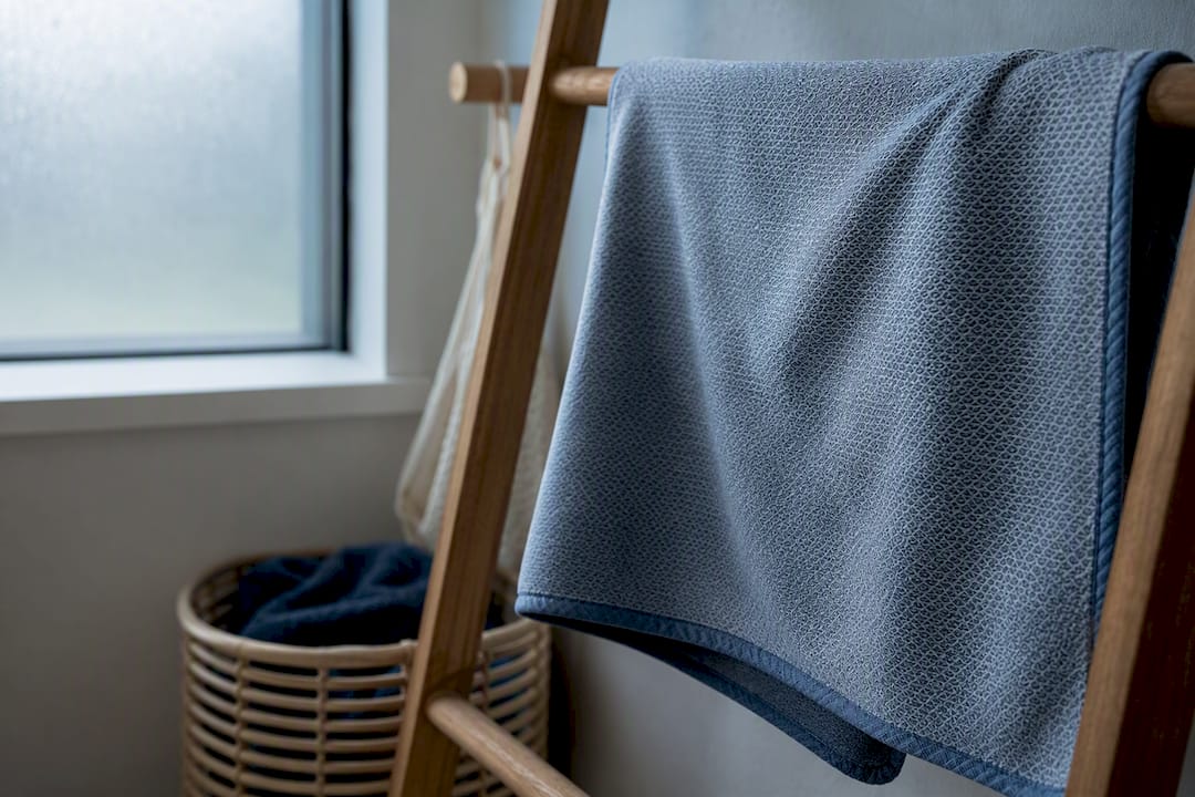 Yoga towel air drying on wooden rack