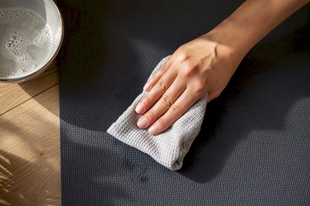 Hands wiping residue from yoga mat