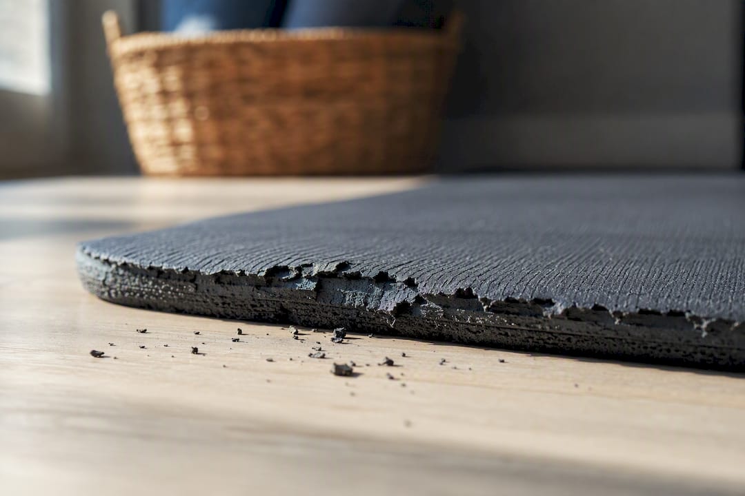 Peeling mat edge with rubber crumbs