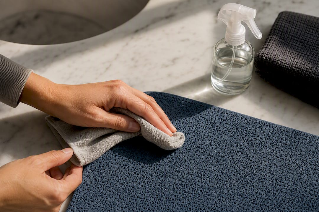 Hands cleaning porous yoga mat surface