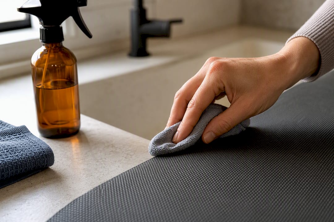Hands spot testing vinegar on mat edge