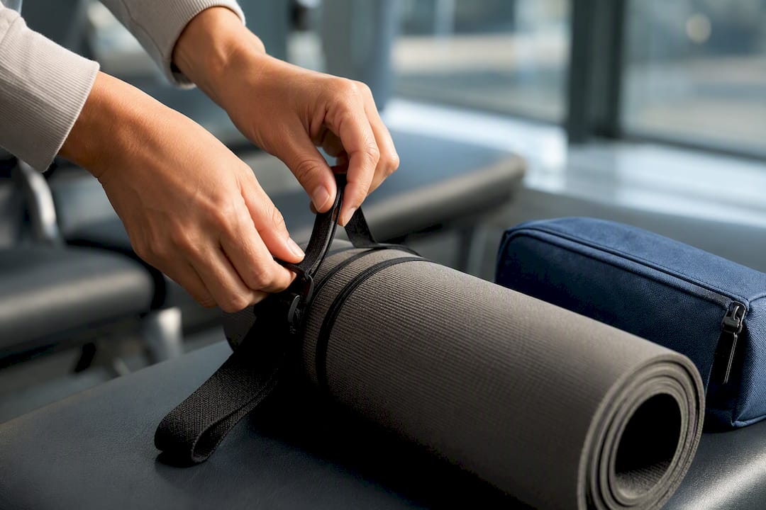 Hands securing a rolled mat with bands