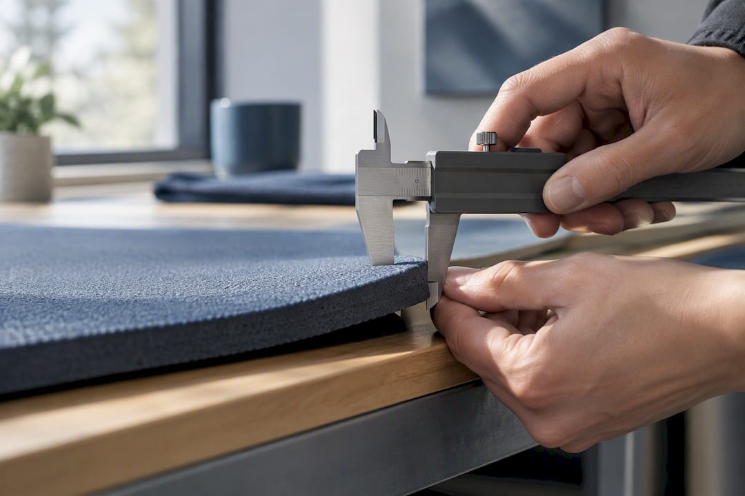 Caliper measuring a yoga mat edge