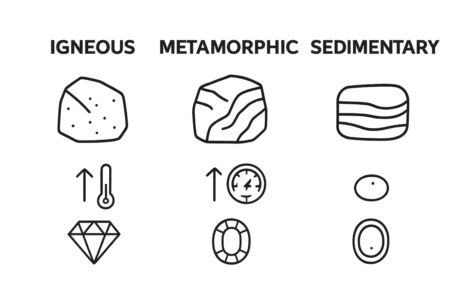 Graphic comparing igneous, metamorphic, and sedimentary gemstone formation