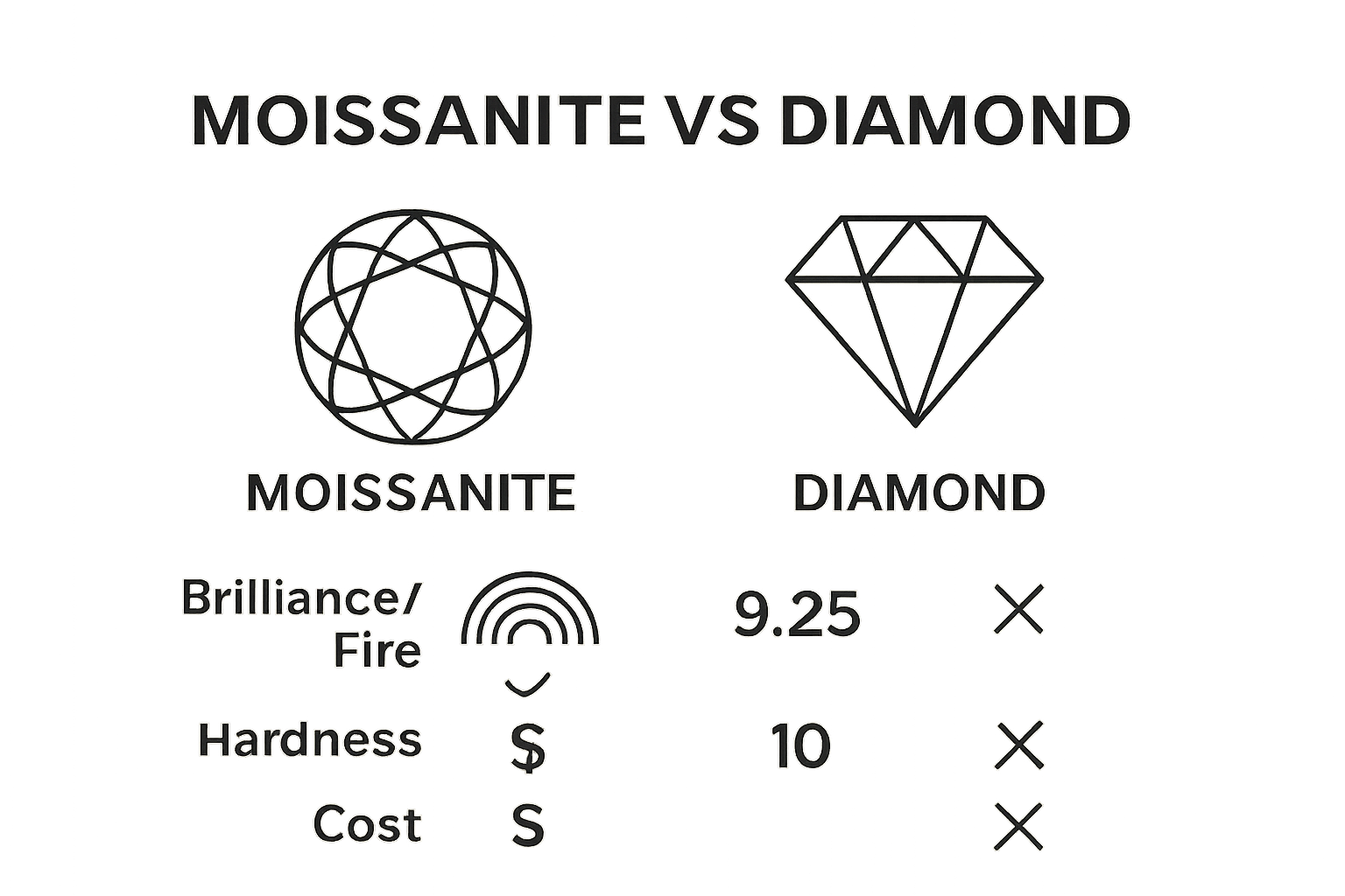 Infographic comparing moissanite and diamond properties