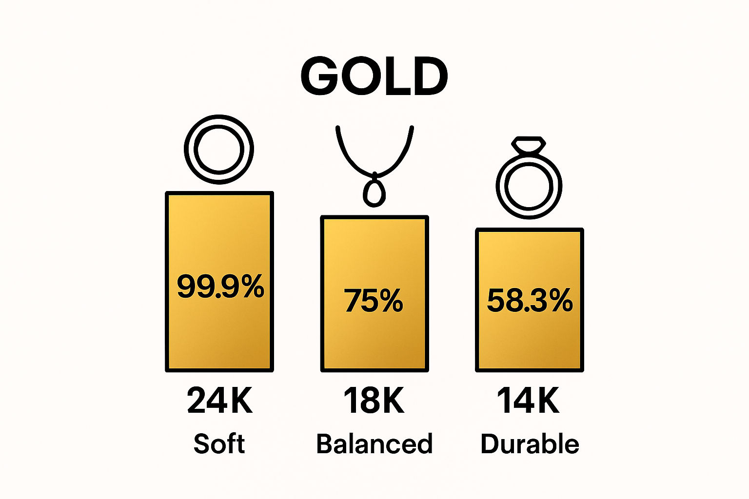 Infographic comparing gold purity for 24K, 18K, 14K jewelry