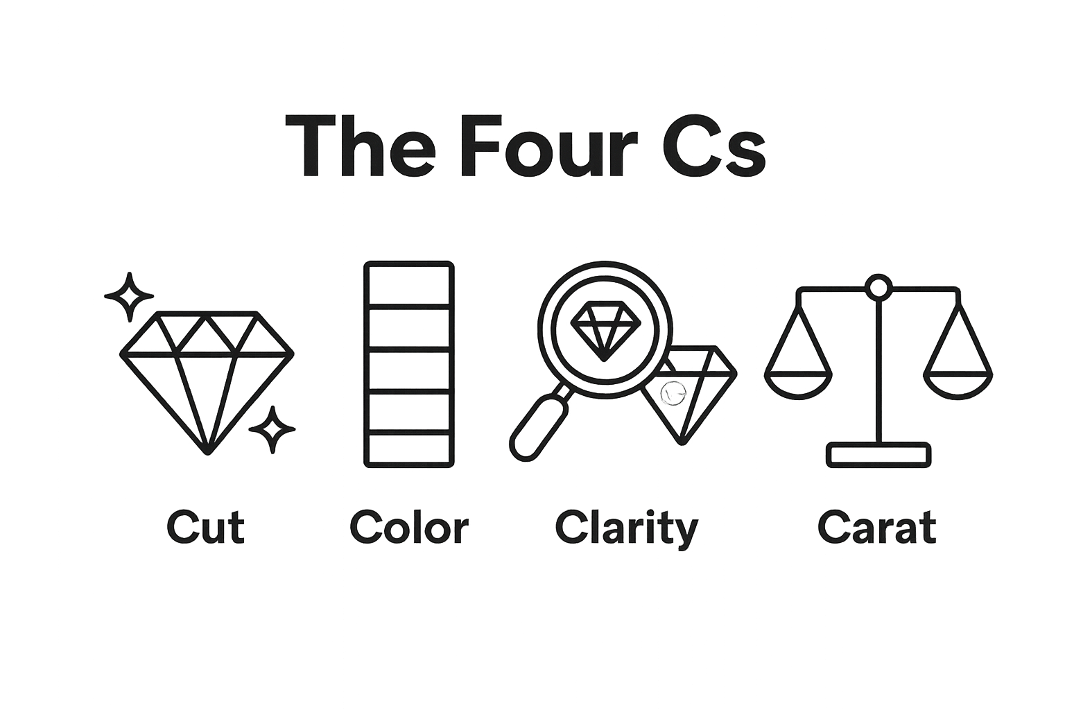 Infographic showing Four Cs of solitaire diamond grading: Cut, Color, Clarity, Carat